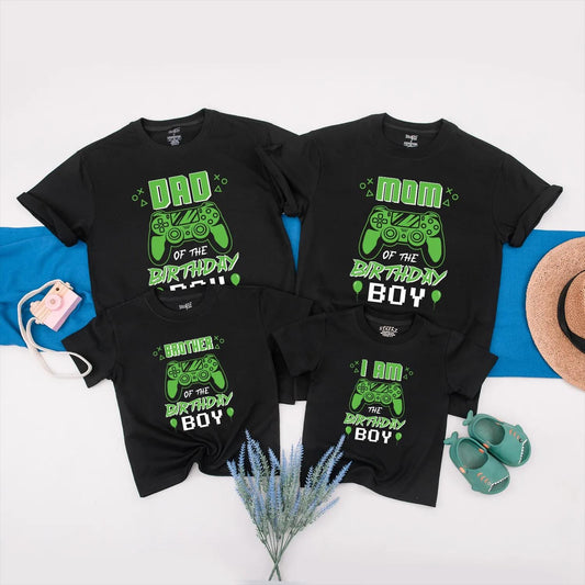 Matching Custom Gamer Family Birthday Shirts featuring Gaming Controller & Neon Text, Fun Retro Design for Video Game Party Boy Celebration