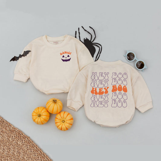 Personalized Hadley Hey Boo Halloween Baby Romper Cute Orange Purple Pumpkin Fall Toddler Shirt First Holiday Outfit