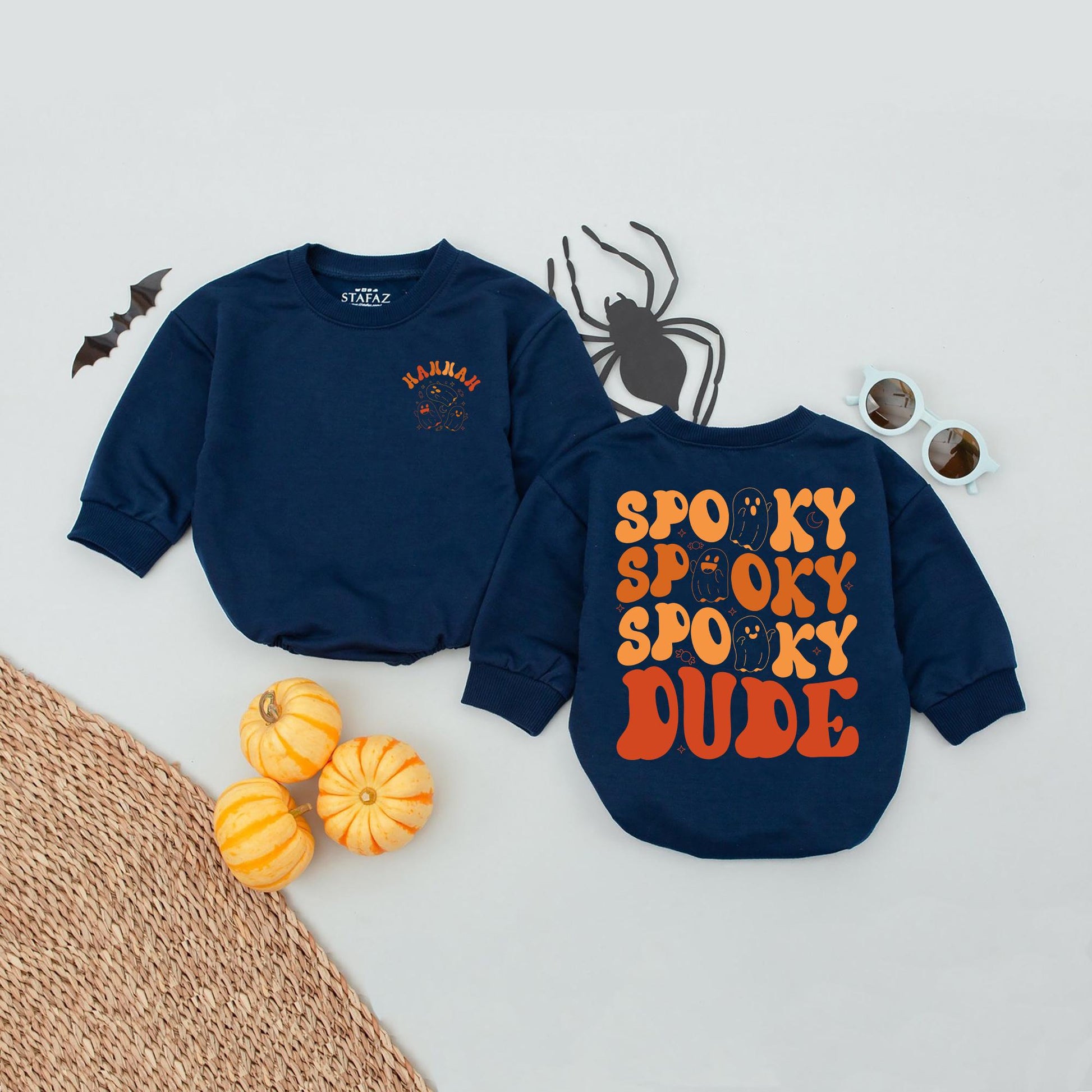 Personalized Hannah Ghost Spooky Dude Baby Romper Cute Halloween Kids Bubble Shirt