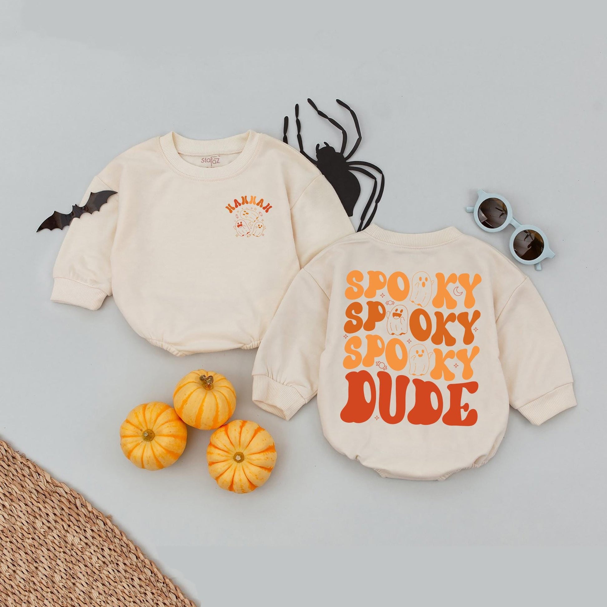 Personalized Hannah Ghost Spooky Dude Baby Romper Cute Halloween Kids Bubble Shirt