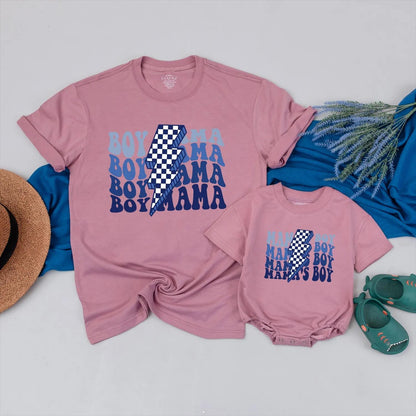 Boy Mama and Mamas Boy Matching Shirts Vintage Retro Checkered Outfit for Mother Son Set, Great Gift for Baby Boy and Mom