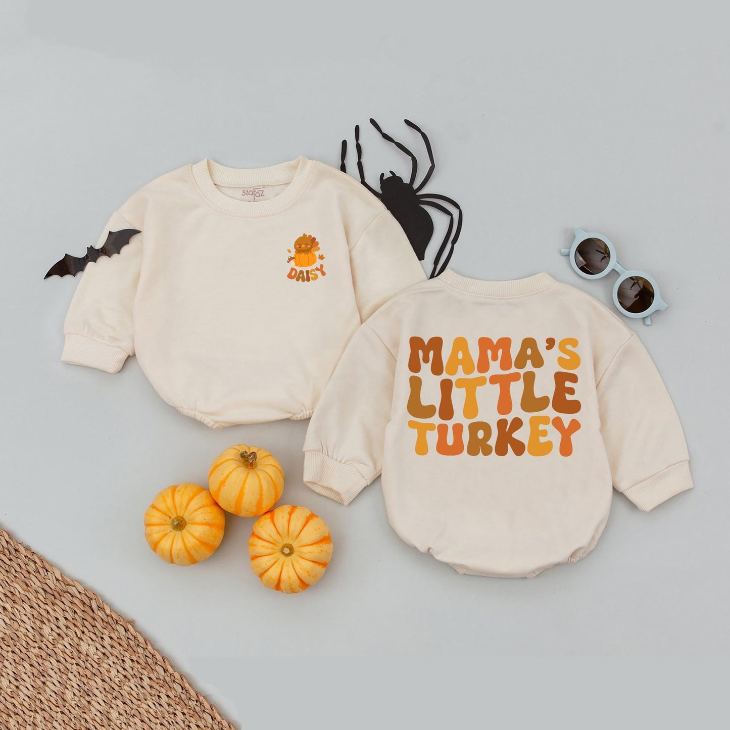 Daisy Baby Thanksgiving Romper, Mama's Little Turkey Fall Outfit, Personalized Infant Girl Thanksgiving Clothes, Pumpkin Patch Baby