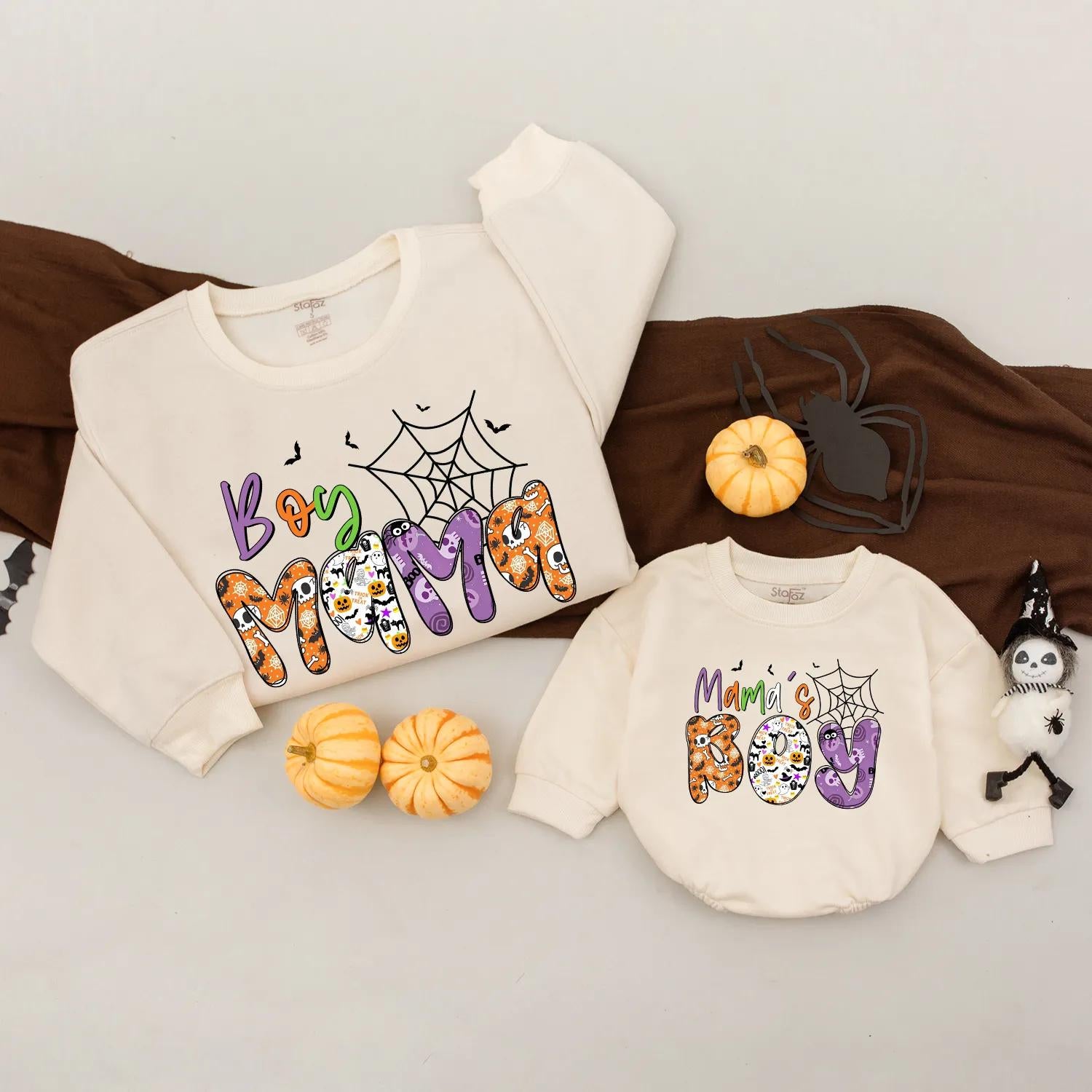 Boy Mama's Boy Halloween Matching Sweatshirt Cute Spooky Outfit Family Trick or Treat Shirts Holiday Gift Mom & Baby Spooky Season Clothes 2025