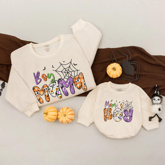 Boy Mama's Boy Halloween Matching Sweatshirt Cute Spooky Outfit Family Trick or Treat Shirts Holiday Gift Mom & Baby Spooky Season Clothes 2025