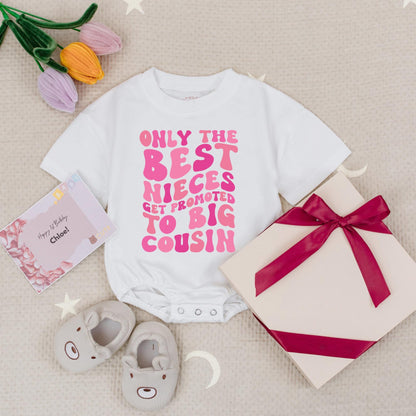 Only The Best Nieces Get Promoted Big Cousin Romper Pink Retro Groovy Playful Text Baby Girl Gift