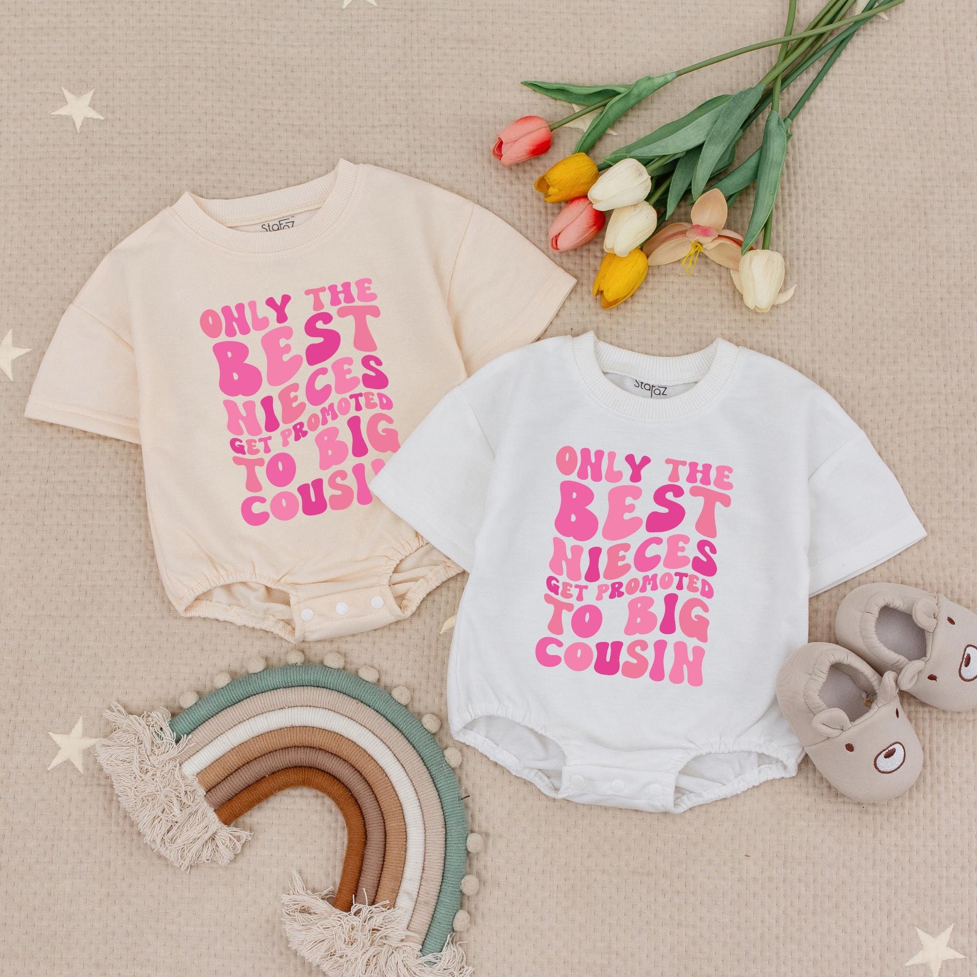 Only The Best Nieces Get Promoted Big Cousin Romper Pink Retro Groovy Playful Text Baby Girl Gift
