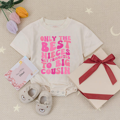 Only The Best Nieces Get Promoted Big Cousin Romper Pink Retro Groovy Playful Text Baby Girl Gift