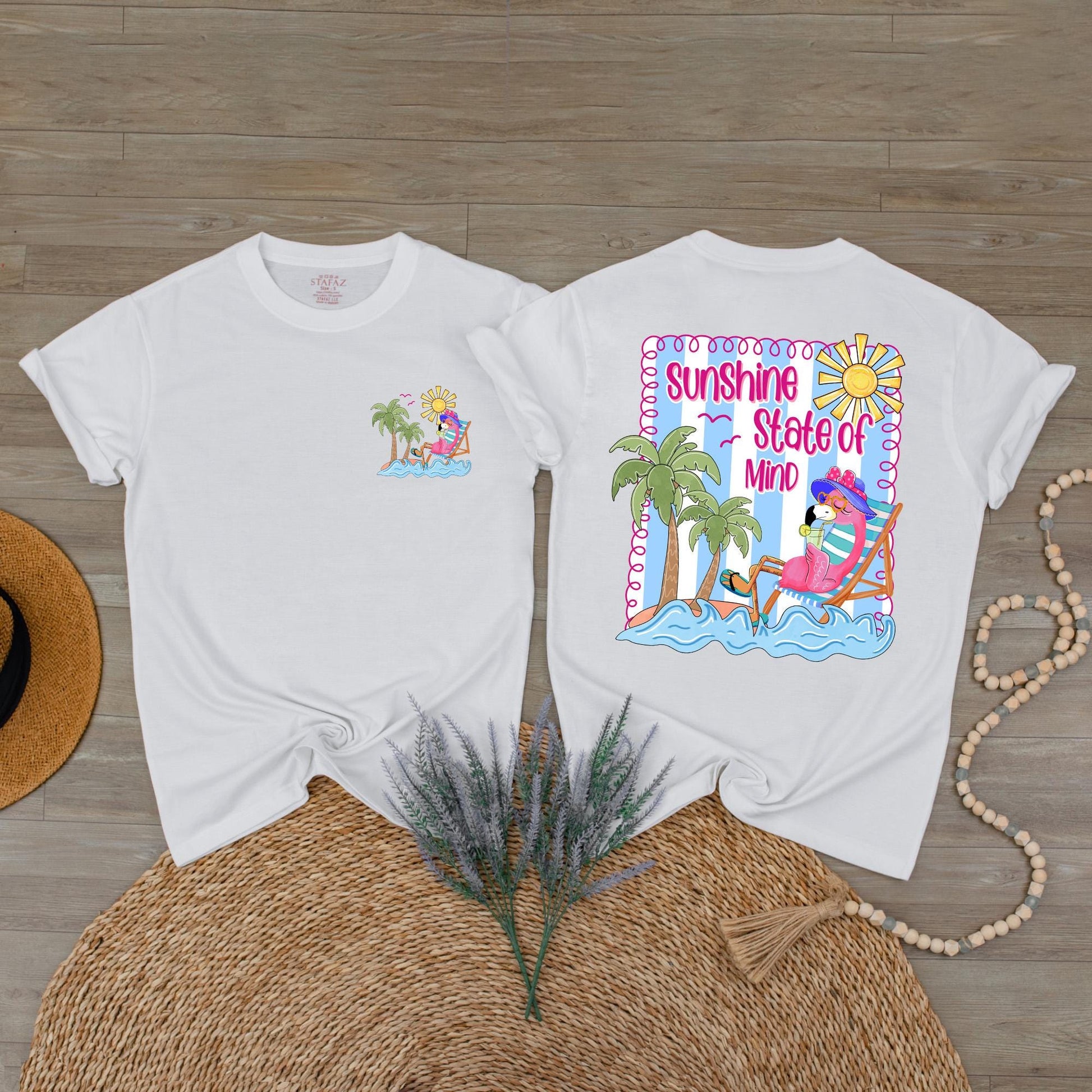 Trendy Retro Summer Sunshine State of Mind Shirt with Colorful Palm Trees and Flamingo Design for Beach Vibes and a Girly Coquette Style