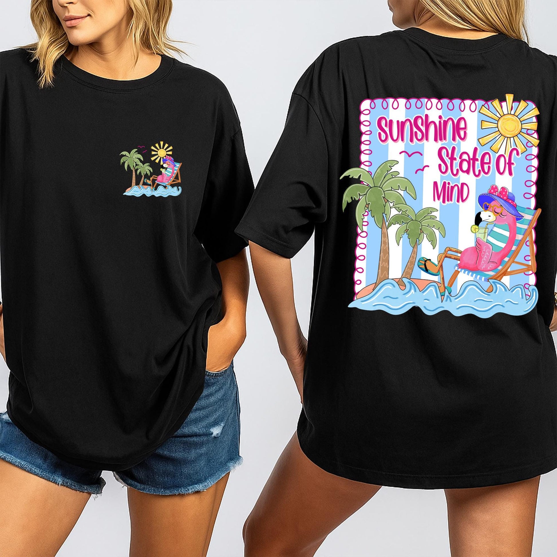 Trendy Retro Summer Sunshine State of Mind Shirt with Colorful Palm Trees and Flamingo Design for Beach Vibes and a Girly Coquette Style