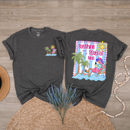 Trendy Retro Summer Sunshine State of Mind Shirt with Colorful Palm Trees and Flamingo Design for Beach Vibes and a Girly Coquette Style