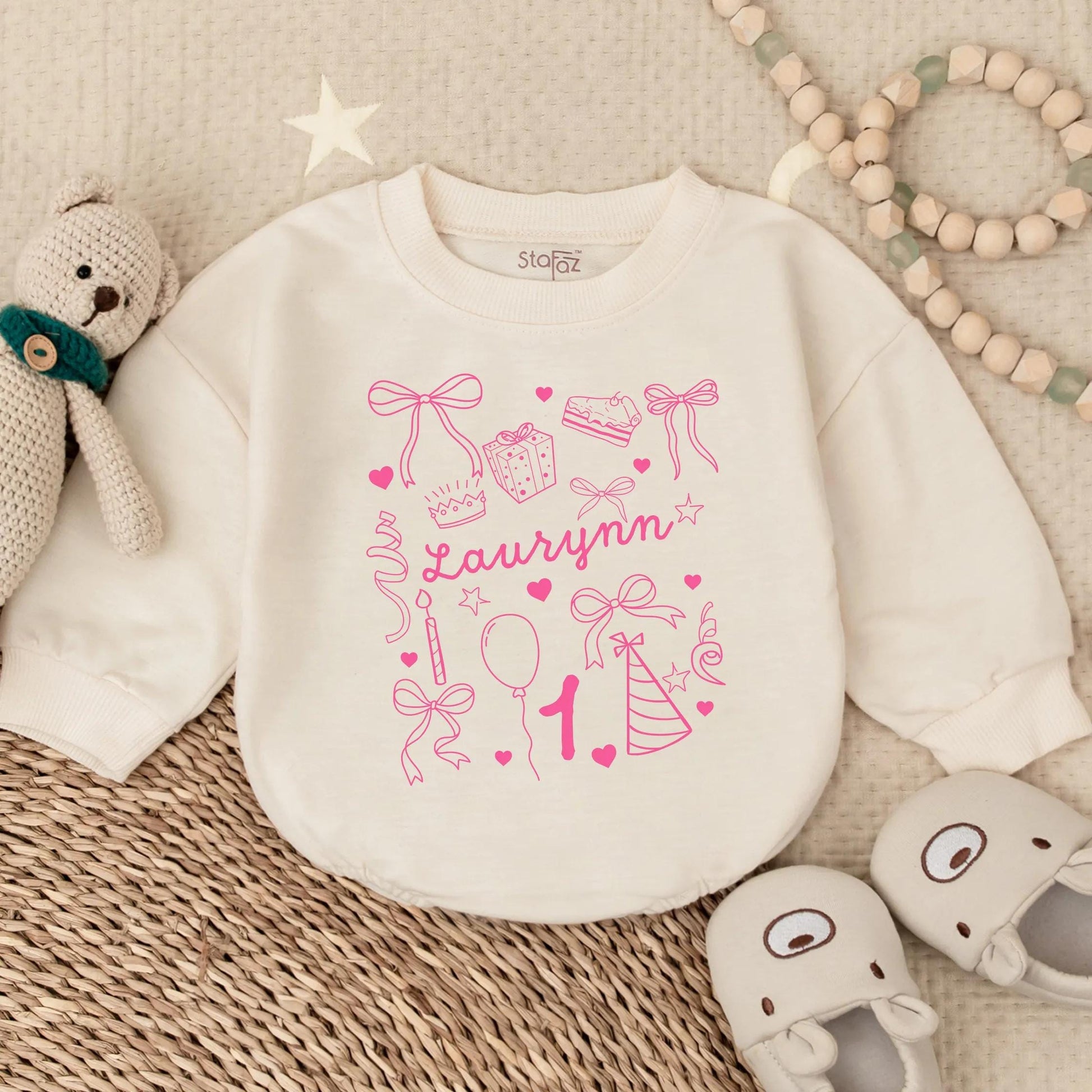 Custom Doodle Name Birthday Girl Bubble Romper - Pink Bow Baby Outfit, First Birthday Gift, Cute Toddler Clothes