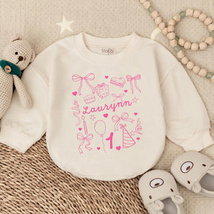 Custom Doodle Name Birthday Girl Bubble Romper - Pink Bow Baby Outfit, First Birthday Gift, Cute Toddler Clothes
