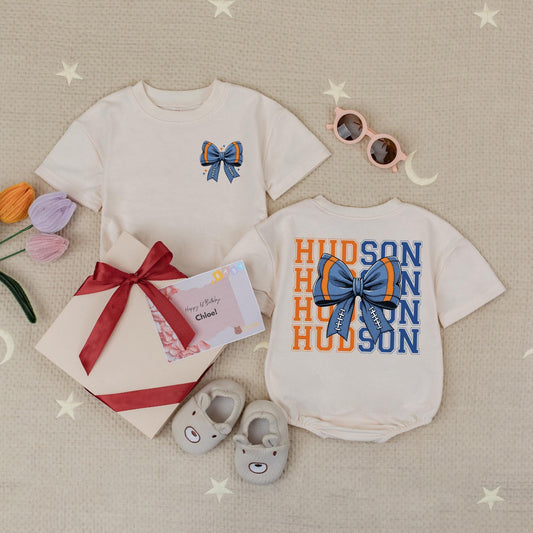 Personalized Hudson Football Bow Romper Baby Girl Outfit, Blue & Orange Game Day Toddler Shirt, Fall Football Season