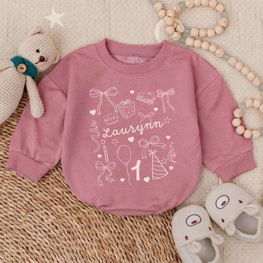 Custom Doodle Name Birthday Girl Bubble Romper - Pink Bow Baby Outfit, First Birthday Gift, Cute Toddler Clothes