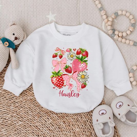 Personalized Boho Strawberry Romper | Sweet Baby Girl Summer Outfit & Floral Strawberry Shower Gift