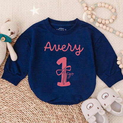 Personalized First Birthday Girl Bow Bubble Romper Outfit Sweet Baby Girl 1st Birthday Celebration Gift Idea Toddler Clothes