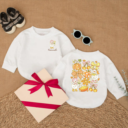 Personalized Baby Girl Fall Goose Romper with Custom Name for Autumn Pumpkin Season First Fall Outfit Newborn Bubble Bodysuit Gift Idea