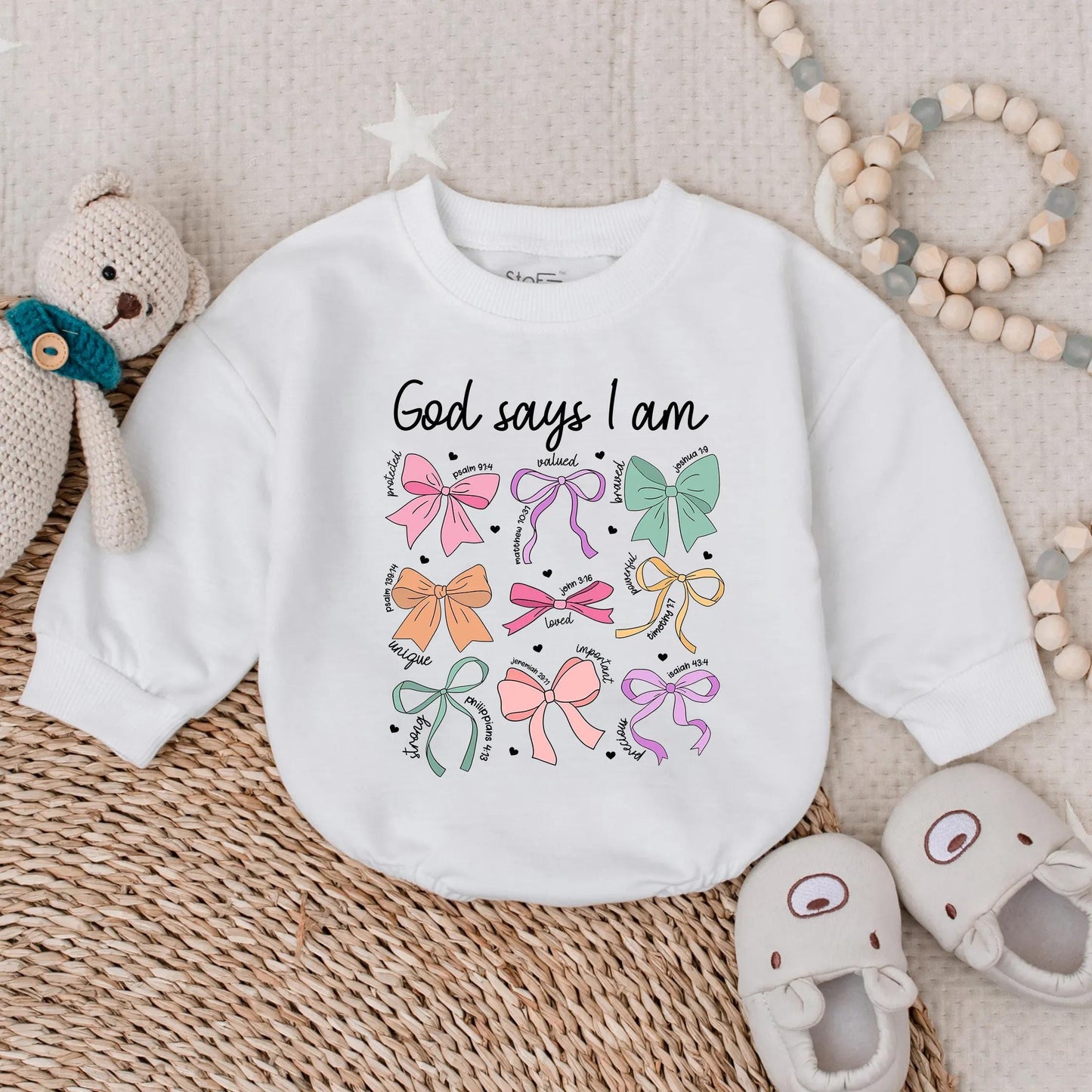 God Says I Am Romper for Baby Girl Pastel Bows & Bible Verses Sweet Christian Outfit Toddler Shower Gift