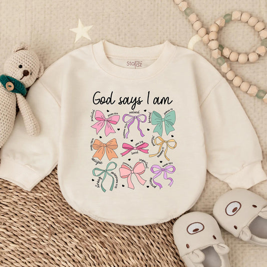 God Says I Am Romper for Baby Girl Pastel Bows & Bible Verses Sweet Christian Outfit Toddler Shower Gift