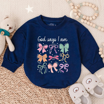 God Says I Am Romper for Baby Girl Pastel Bows & Bible Verses Sweet Christian Outfit Toddler Shower Gift
