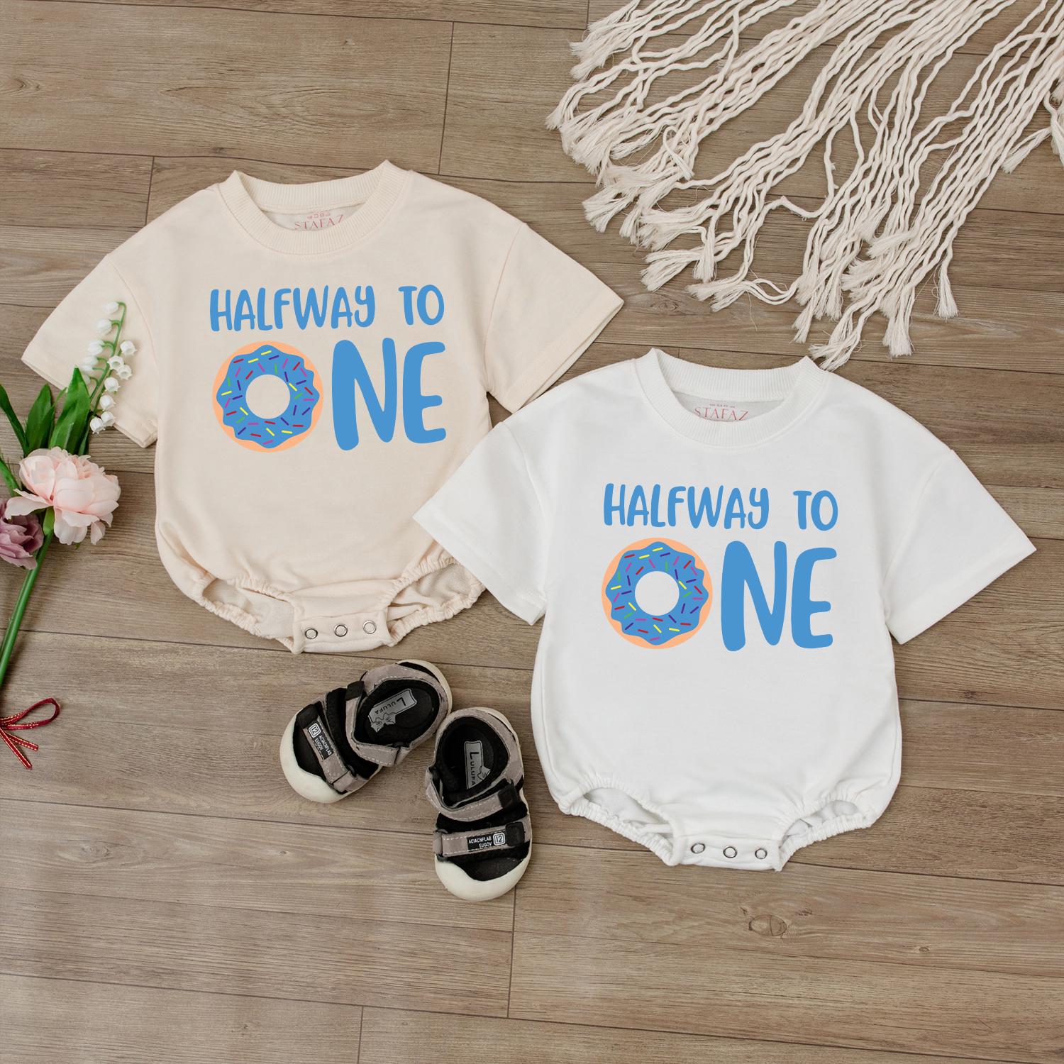 Half Way to One Donut Birthday Romper for Boys Adorable Donut Theme Outfit for 1/2 Birthday Celebrations and Baby Shower Gifts