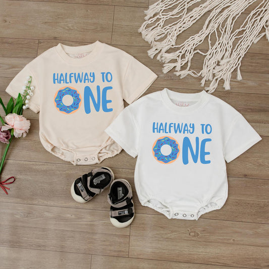 Half Way to One Donut Birthday Romper for Boys Adorable Donut Theme Outfit for 1/2 Birthday Celebrations and Baby Shower Gifts