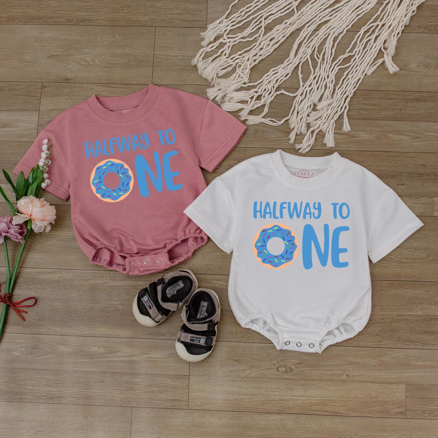 Half Way to One Donut Birthday Romper for Boys Adorable Donut Theme Outfit for 1/2 Birthday Celebrations and Baby Shower Gifts