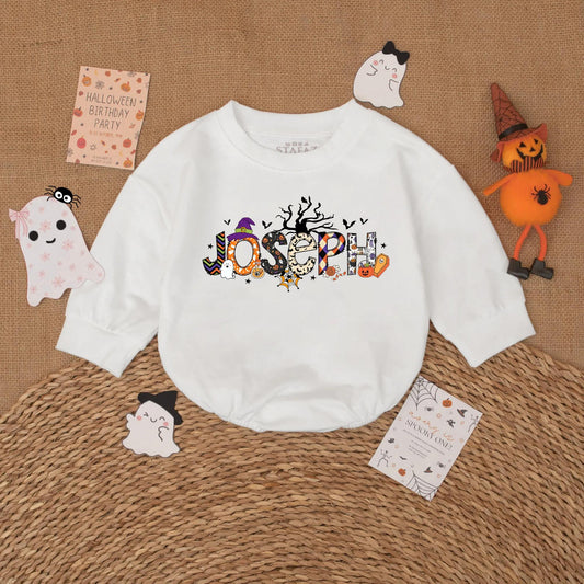 Personalized JOSEPH Halloween Baby Romper | Spooky Fall Outfit for Baby Boy or Girl | Custom Name Pumpkin & Ghost Design Baby's First Halloween