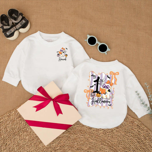 Custom My First Halloween Ghost Romper Baby Girl Outfit Personalized Name Fall Gift 1st Birthday Cute Ghost Design Soft Cotton