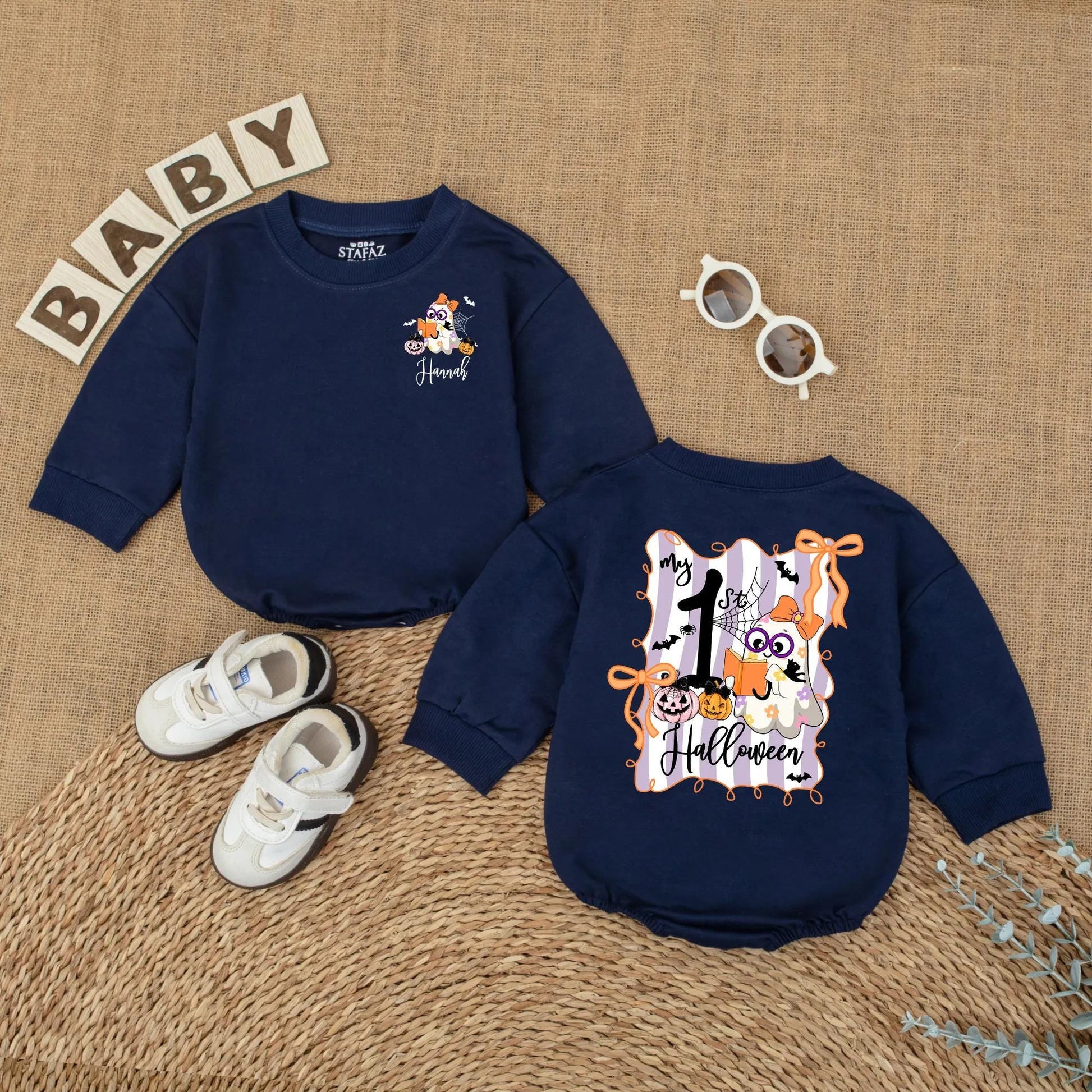 Custom My First Halloween Ghost Romper Baby Girl Outfit Personalized Name Fall Gift 1st Birthday Cute Ghost Design Soft Cotton