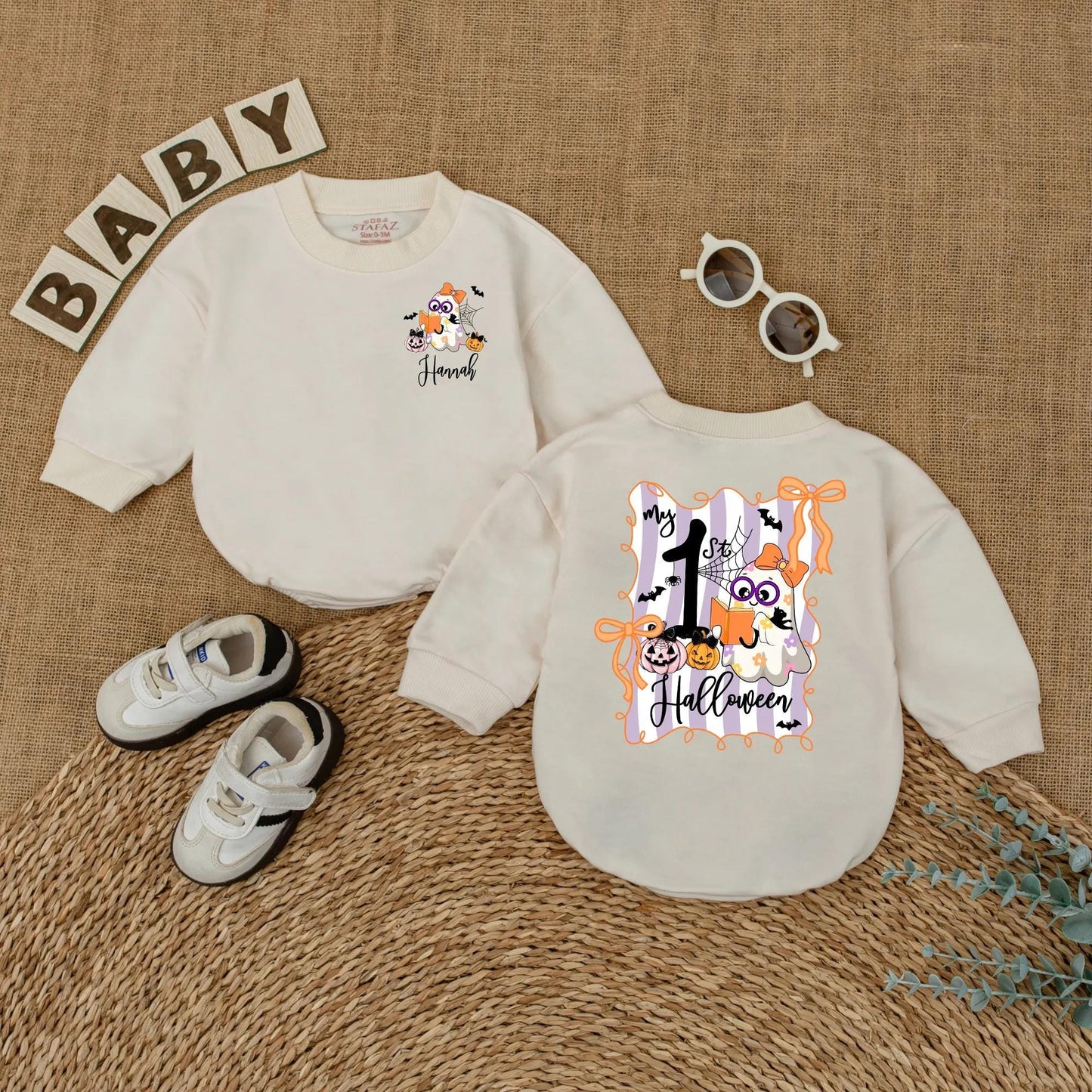 Custom My First Halloween Ghost Romper Baby Girl Outfit Personalized Name Fall Gift 1st Birthday Cute Ghost Design Soft Cotton