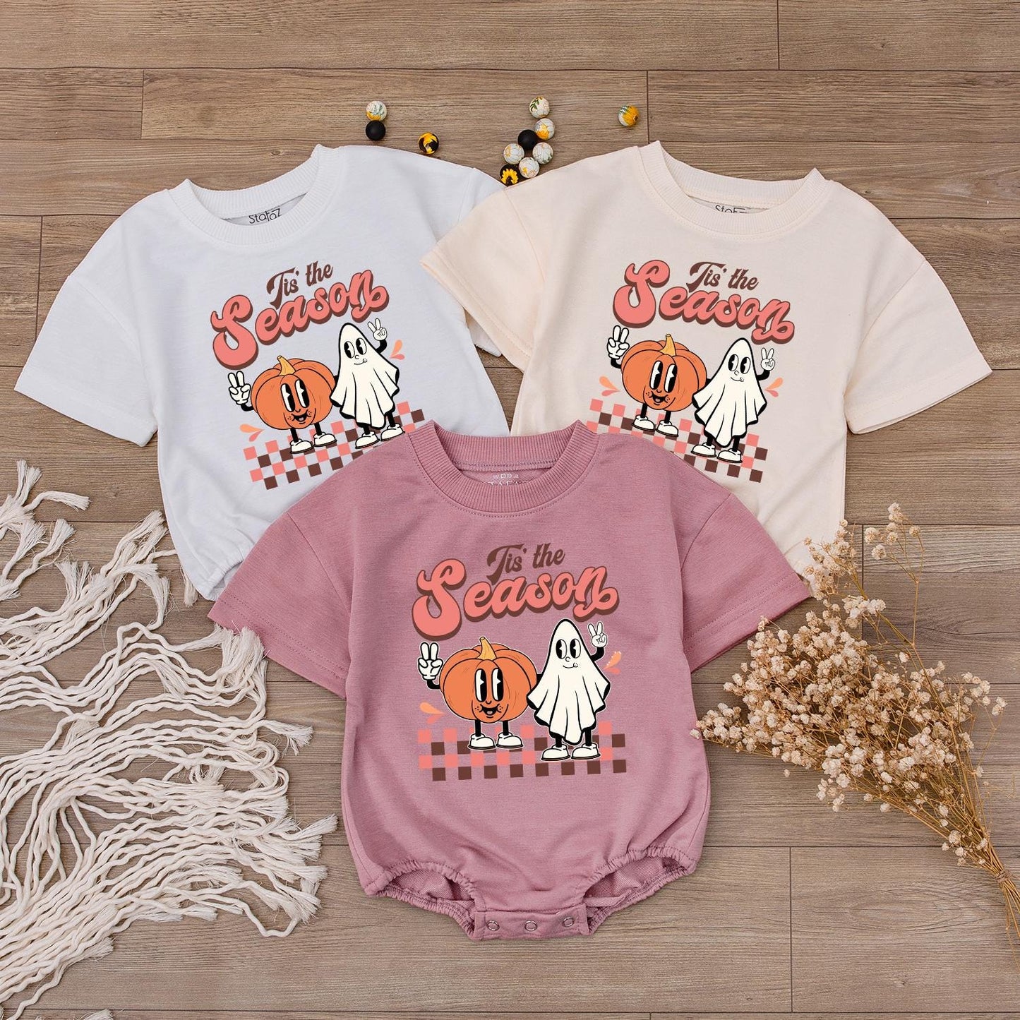 Retro Tis the Season Sweatshirt, Thanksgiving Baby Bodysuit & Romper for Fall, Vintage Style, Boy or Girl, Pumpkin Spice Baby Gift (139 chars)