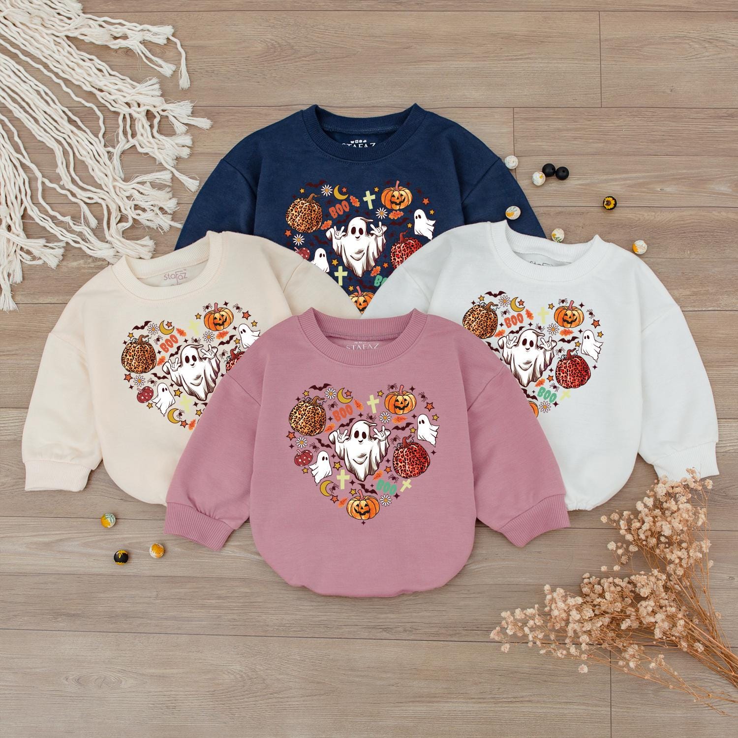 Cute Baby Ghost Pumpkin Halloween Sweatshirt for Toddlers and Infants Spooky Season Fall Romper Bodysuit
