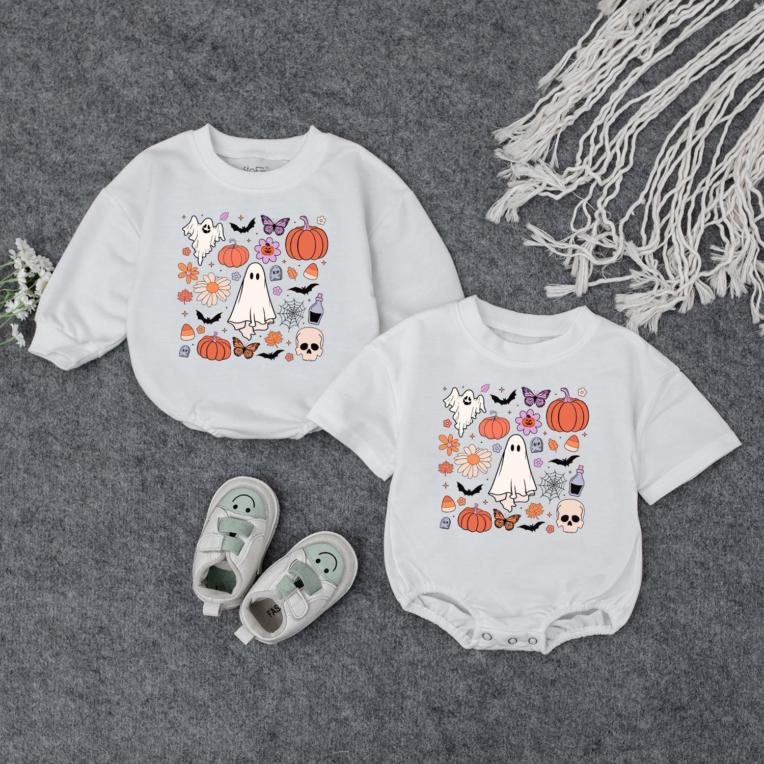 Retro Ghost Halloween Doodle Sweatshirt Toddler Baby Romper Spooky Fall Kid's Shirt First Halloween Gift