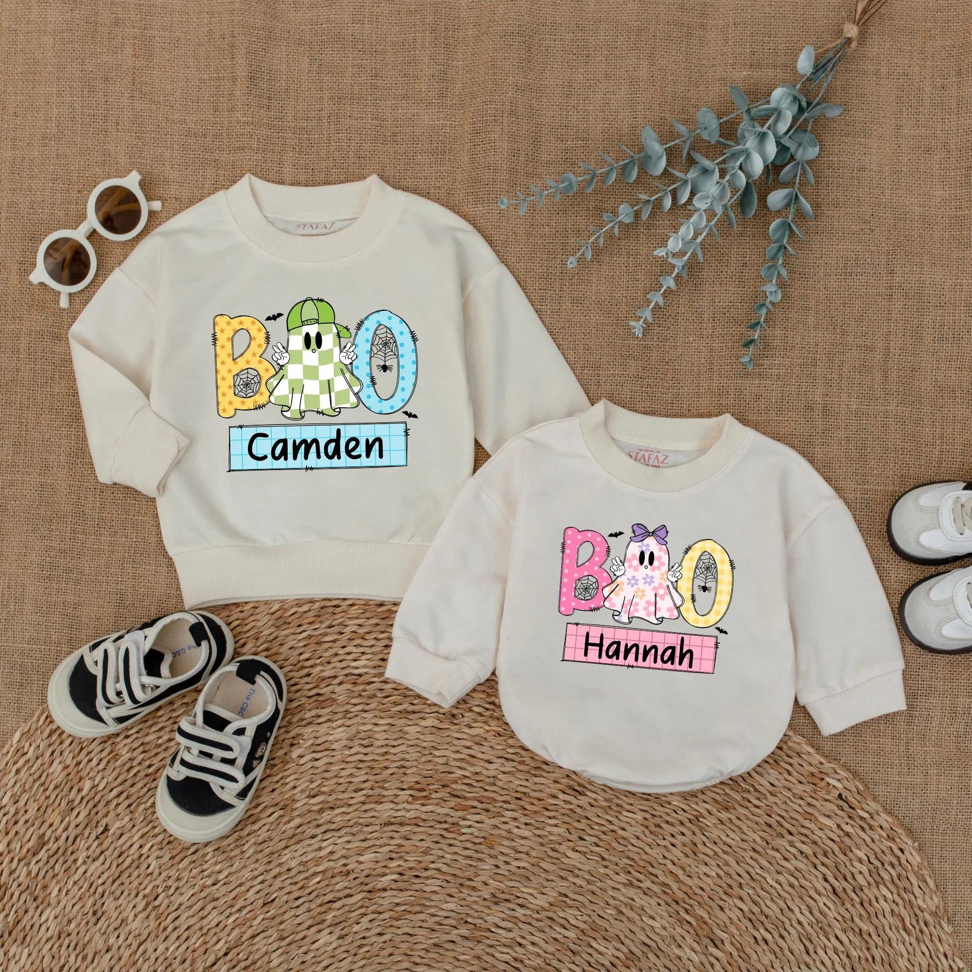 Personalized Boo Ghost Matching Siblings Halloween Outfits Boy Girl Sweatshirt Romper Toddler Baby Kids Fall Holiday Family Shirts