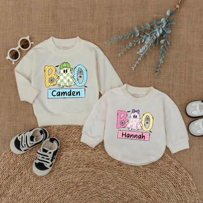 Personalized Boo Ghost Matching Siblings Halloween Outfits Boy Girl Sweatshirt Romper Toddler Baby Kids Fall Holiday Family Shirts