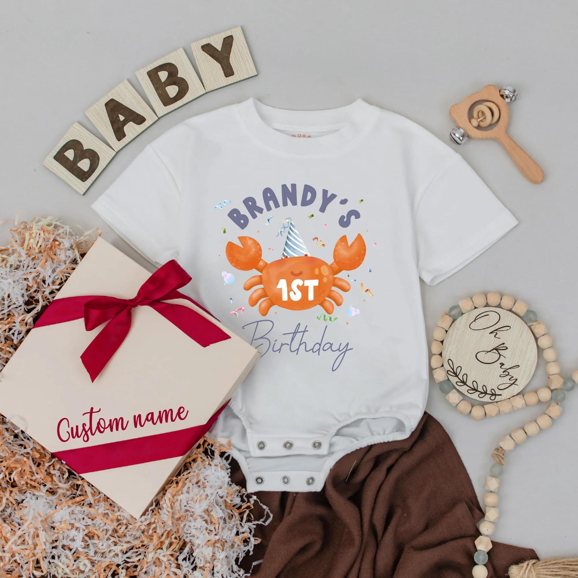 Crabtivating First Birthday Baby Romper, Under the Sea Party Outfit, Personalized Name Bubble Romper, Ocean Theme,  Baby Girl or Boy Gift (139 chars)