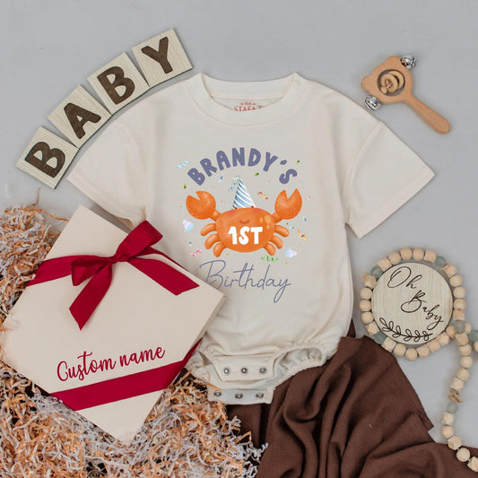 Crabtivating First Birthday Baby Romper, Under the Sea Party Outfit, Personalized Name Bubble Romper, Ocean Theme,  Baby Girl or Boy Gift (139 chars)