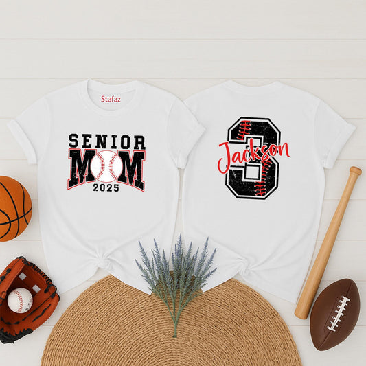 Custom Senior Baseball Mom T-Shirt Personalized Name Number Baseball Mama Tee School Team Name Gift