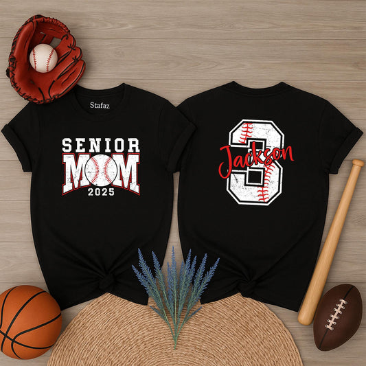 Custom Senior Baseball Mom T-Shirt Personalized Name Number Baseball Mama Tee School Team Name Gift