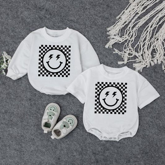 Checkered Happy Face Smiley Sweatshirt for Kids and Womens Retro Vintage Baby Hot Pink Casual Gift