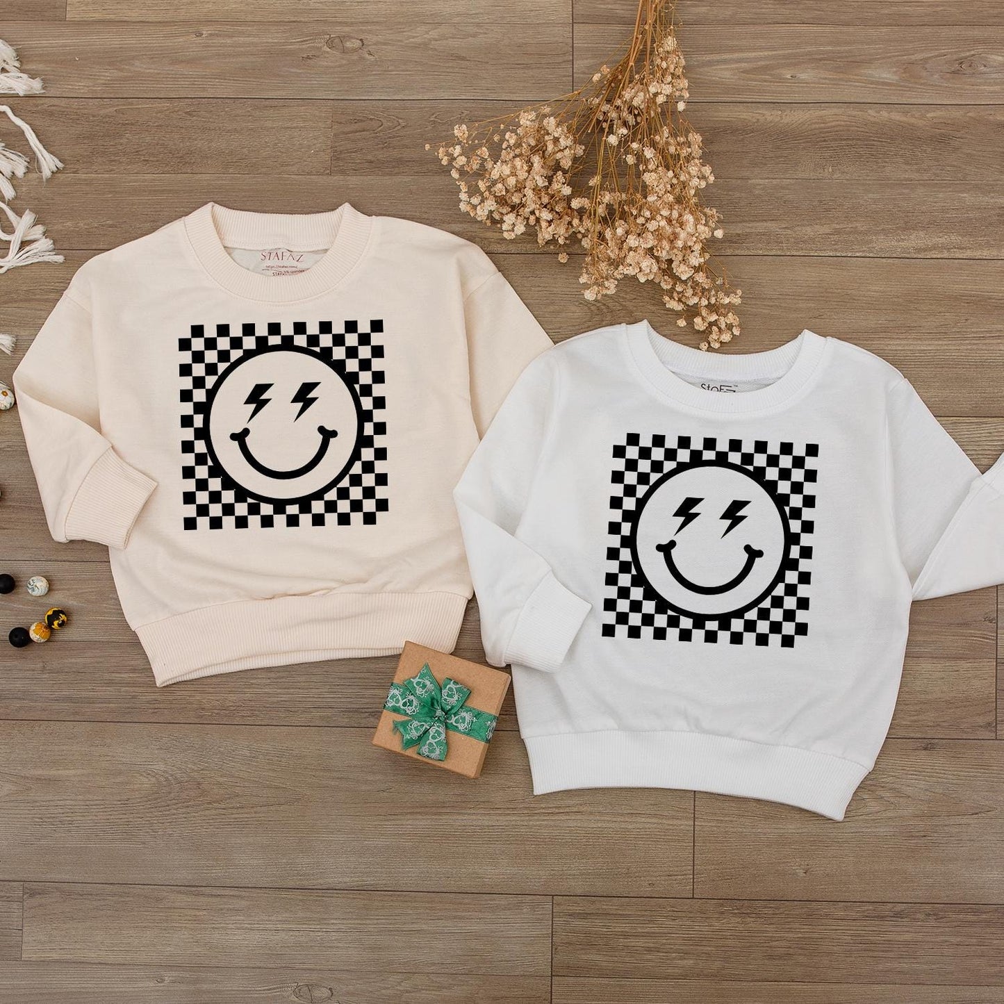 Checkered Happy Face Smiley Sweatshirt for Kids and Womens Retro Vintage Baby Hot Pink Casual Gift