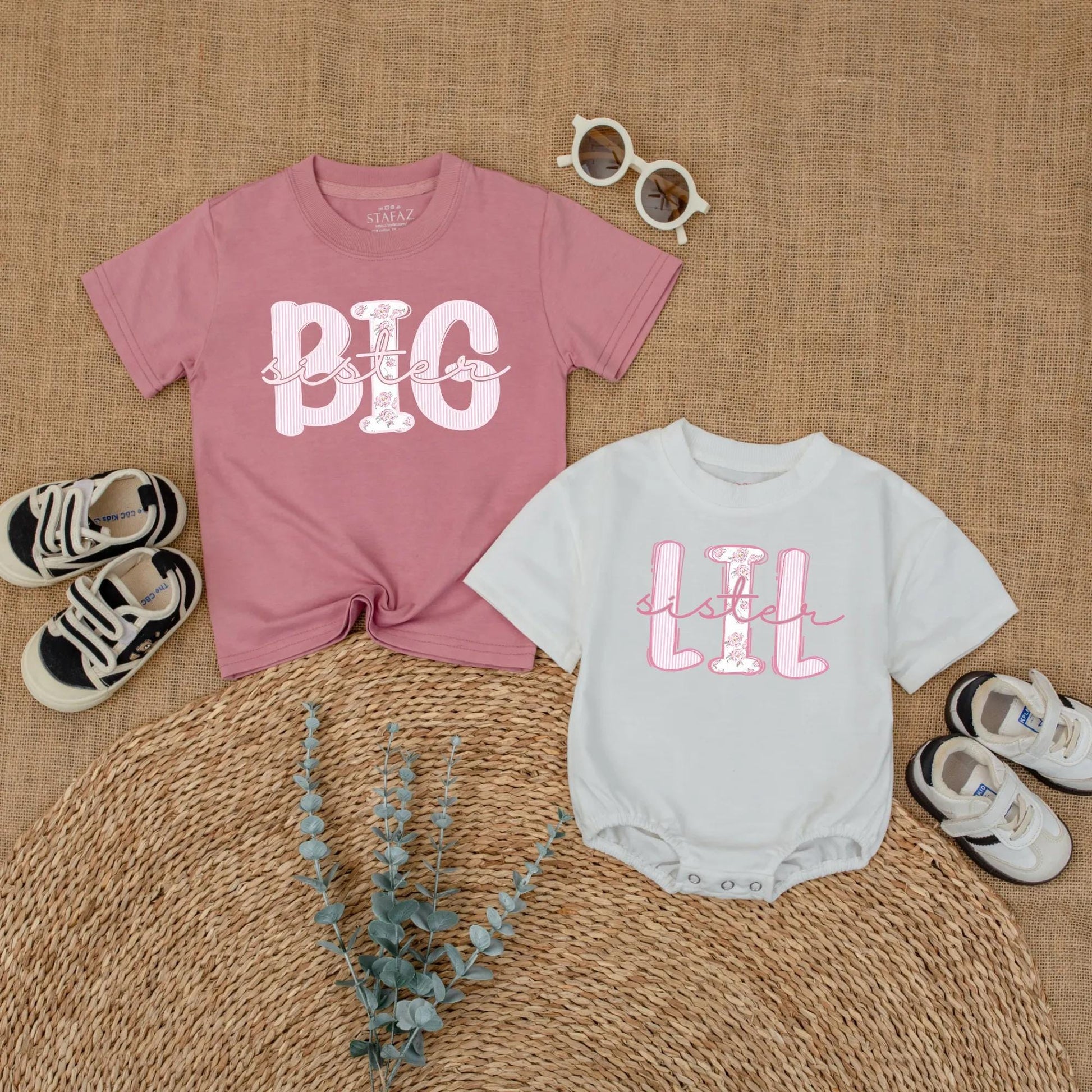 Big Sister Lil Sister Matching Outfit, Cute Baby Bodysuit & Toddler Shirt Set, Trendy Sibling Reveal Gift for Girls, Pink & White, Comfy Cotton (139 chars)