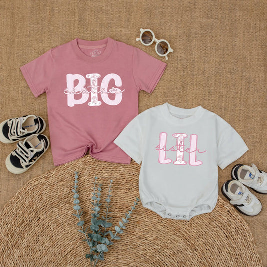 Big Sister Lil Sister Matching Outfit, Cute Baby Bodysuit & Toddler Shirt Set, Trendy Sibling Reveal Gift for Girls, Pink & White, Comfy Cotton (139 chars)