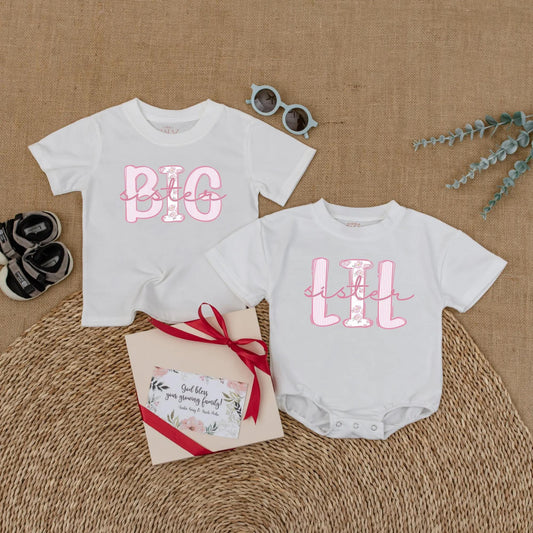 Big Sister Lil Sister Matching Outfit, Cute Baby Bodysuit & Toddler Shirt Set, Trendy Sibling Reveal Gift for Girls, Pink & White, Comfy Cotton (139 chars)