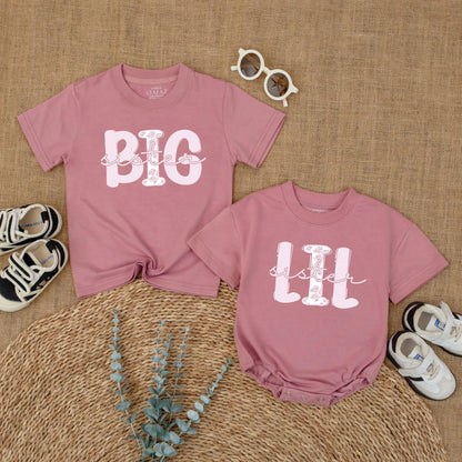 Big Sister Lil Sister Matching Outfit, Cute Baby Bodysuit & Toddler Shirt Set, Trendy Sibling Reveal Gift for Girls, Pink & White, Comfy Cotton (139 chars)
