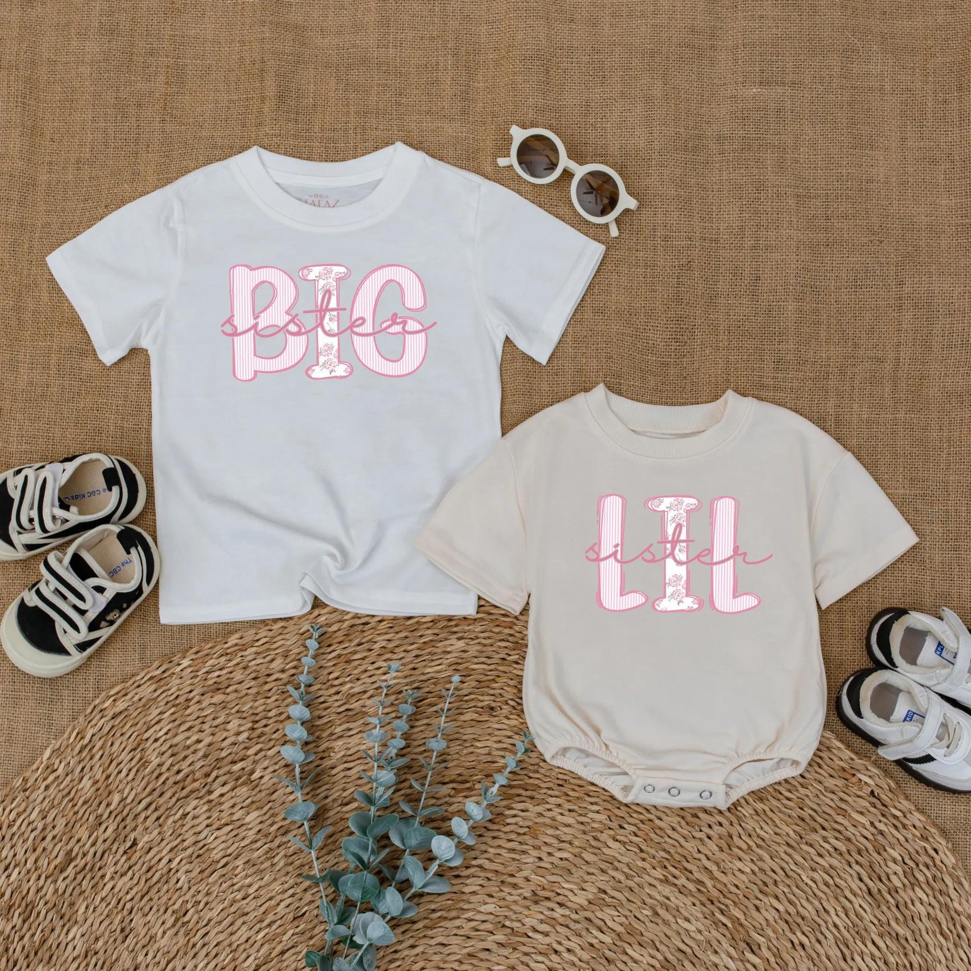 Big Sister Lil Sister Matching Outfit, Cute Baby Bodysuit & Toddler Shirt Set, Trendy Sibling Reveal Gift for Girls, Pink & White, Comfy Cotton (139 chars)