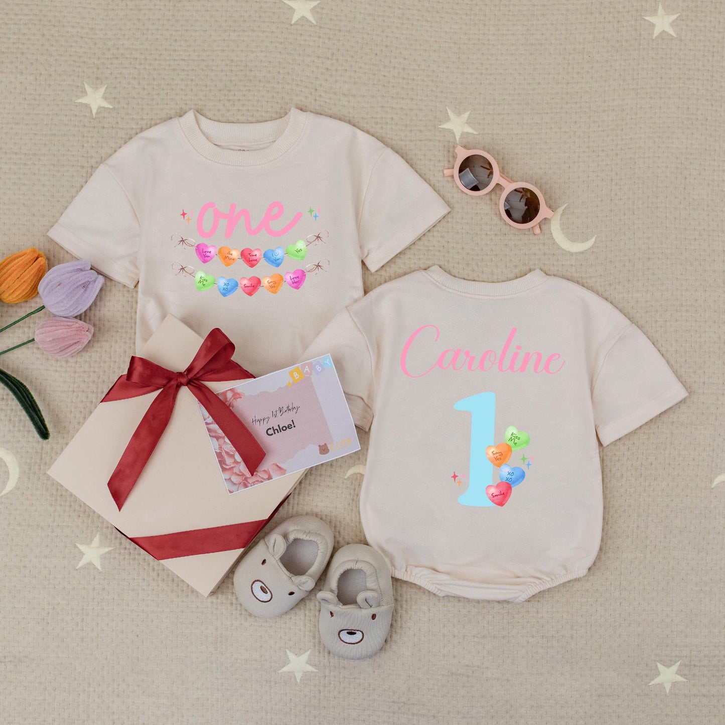 Personalized Candy Hearts First Birthday Romper for Baby Girl with Pastel Love You Be Mine Messages One Year Old Babysuit