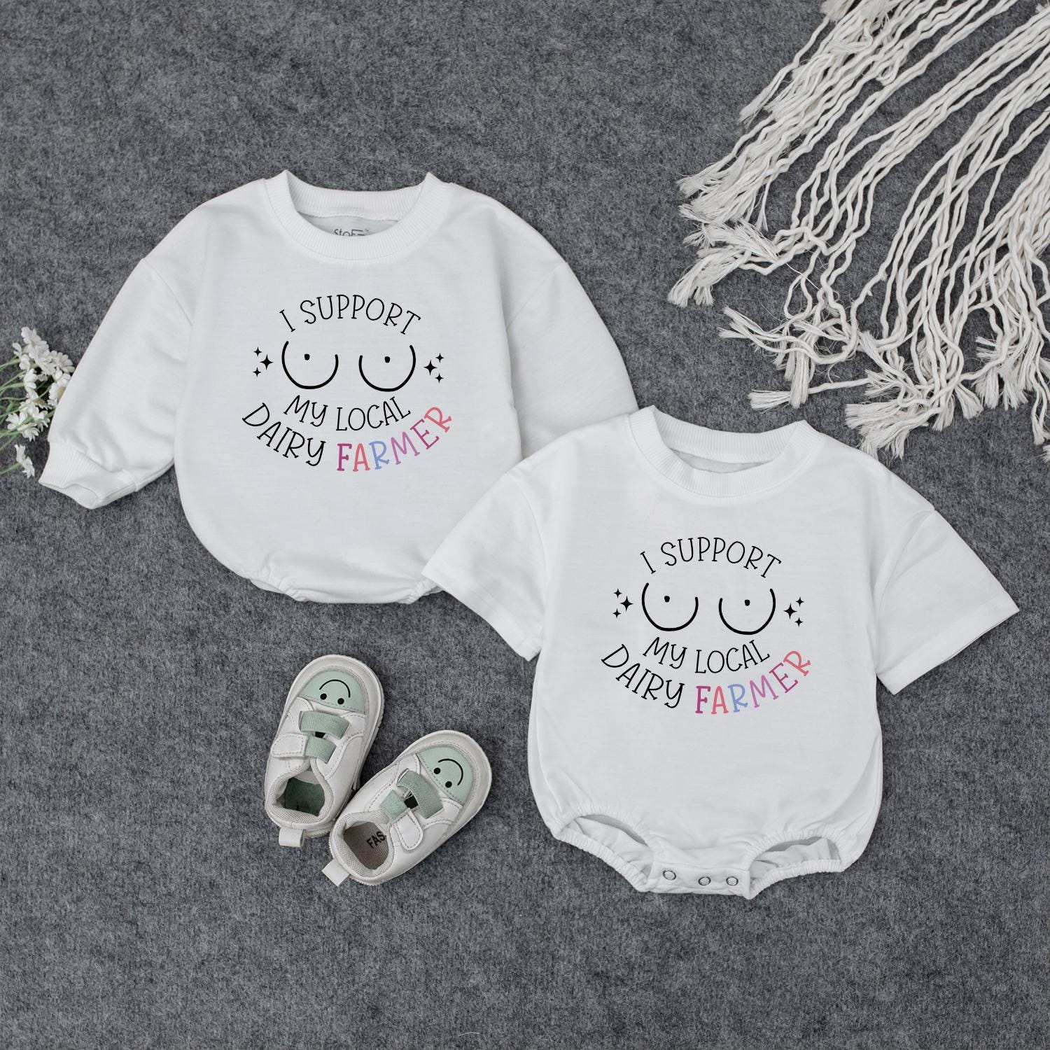I Support My Local Dairy Farmer Romper, Farm Baby Bodysuit, Funny Newborn Gift, Boho Baby Shower Gift for Girl or Boy, Soft Cotton
