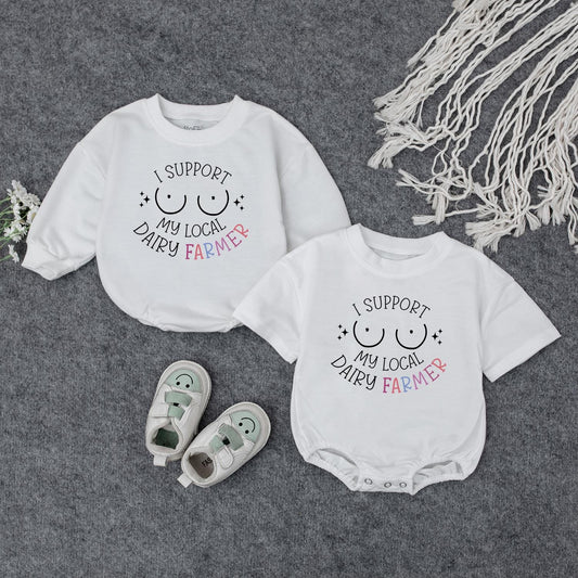 I Support My Local Dairy Farmer Romper, Farm Baby Bodysuit, Funny Newborn Gift, Boho Baby Shower Gift for Girl or Boy, Soft Cotton